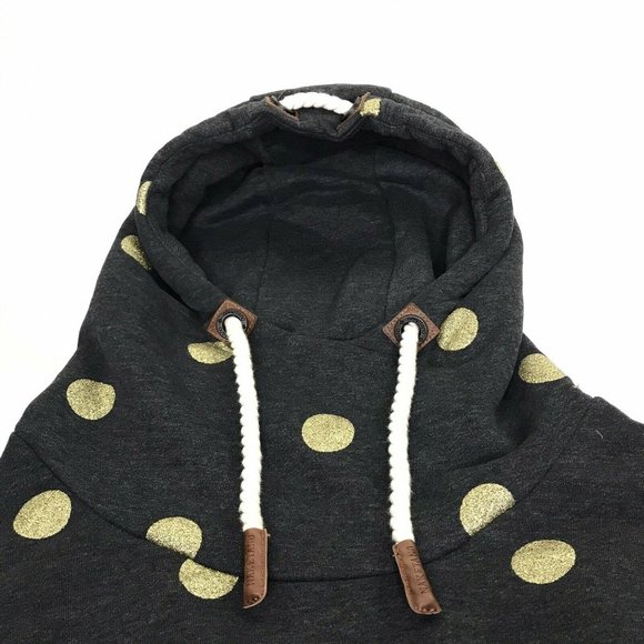 Naketano Women's Hoodie Pullover Brave New Word Gray Gold Sequined Polkadots M - Picture 4 of 11